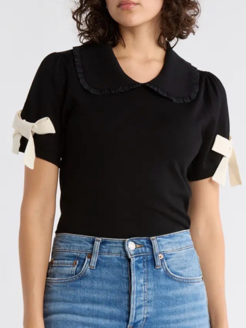 Adrianna Papell Black Peter Pan Collar Short Sleeve Top with Bow Detail